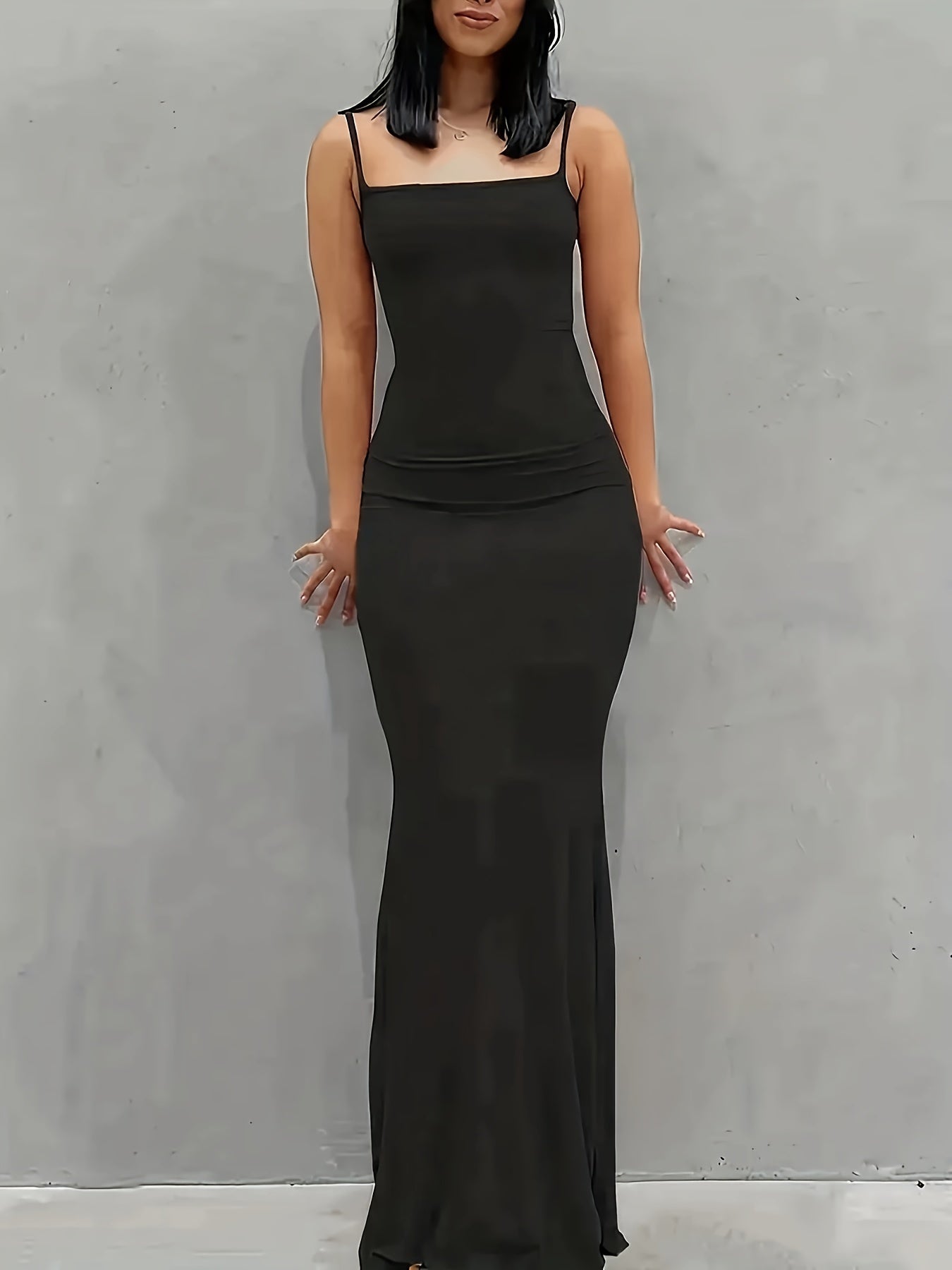 [Elegant Dress] Elegant Bodycon Maxi Mermaid Dress | Solid Slip Lounge Dresses, Scoop Neck, Women's Loungewear & Dresses