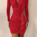 Flattering Ruched Bodycon Dress - Elegant Women's Long Sleeve Plunging Solid Dresses for Women - Chic, Curve-Hugging, Comfortable, and Versatile Clothing for Any Occasion
