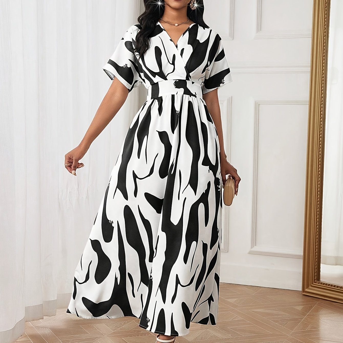 Vibrant Colorblock A-line Dress - Elegant Women's Spring & Summer Dresses with Cinched Waist, V Neck, Short Sleeves, and Flared Hem - Perfect for Outdoor Activities and Casual Events