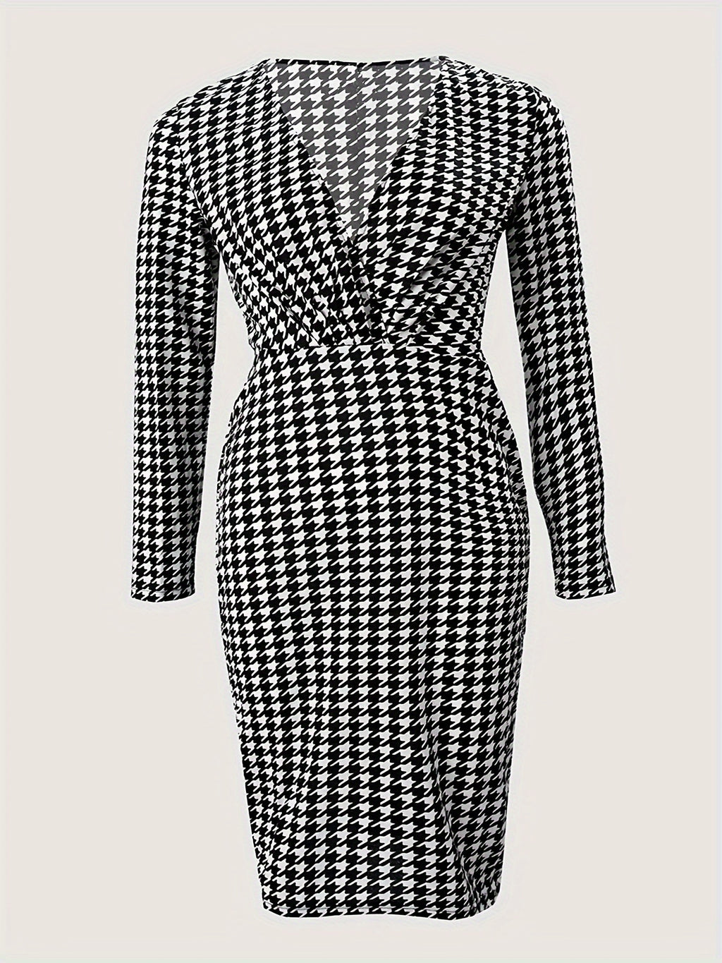Stunning Plus Size Houndstooth Print Bodycon Dress - Plus Size Dresses - Long Sleeve, V Neck, Elegant, Women's Formal Wear for Special Occasions - High-Quality Fabric, Comfortable Fit, Classic Design