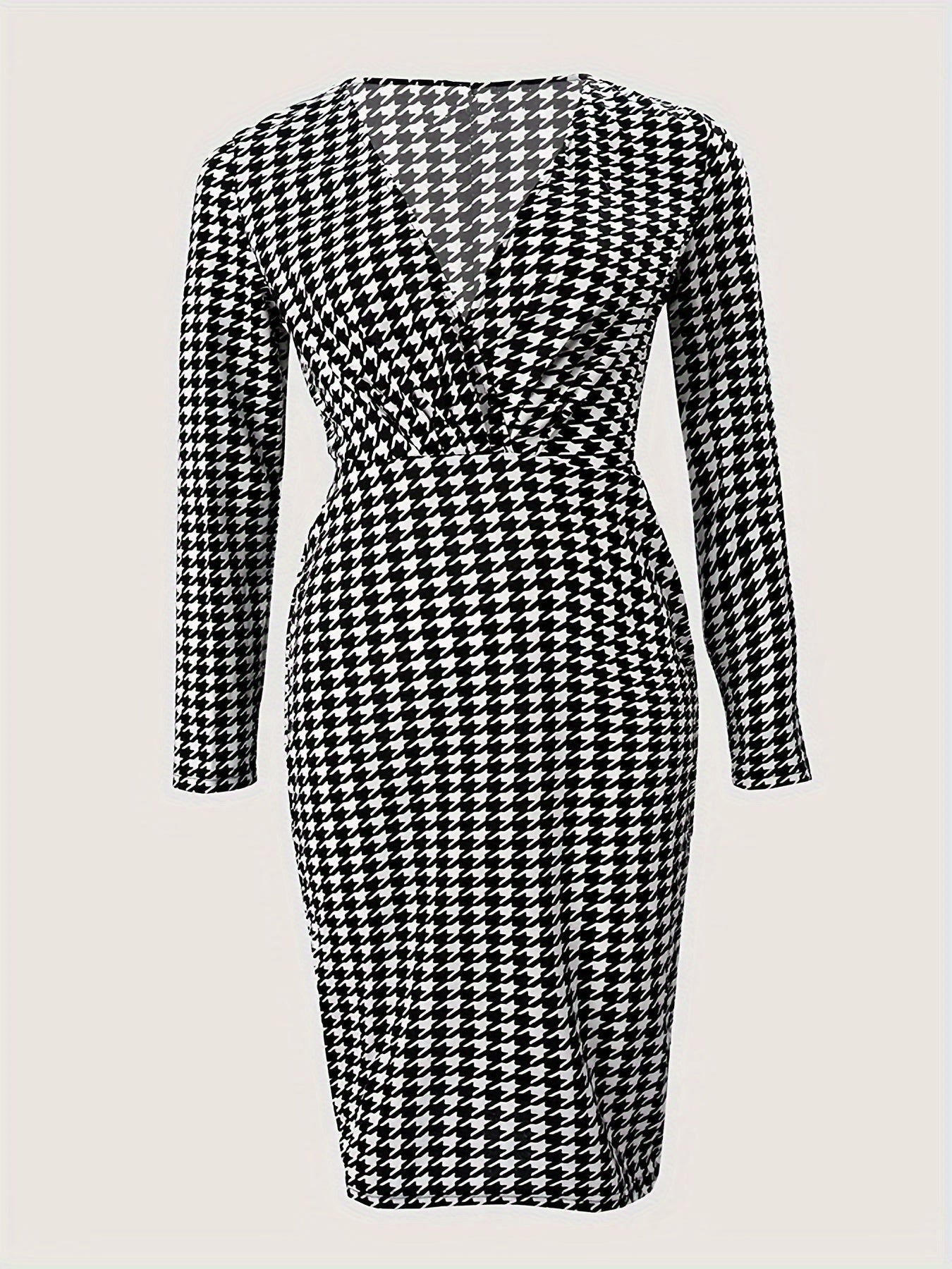 Stunning Plus Size Houndstooth Print Bodycon Dress - Plus Size Dresses - Long Sleeve, V Neck, Elegant, Women's Formal Wear for Special Occasions - High-Quality Fabric, Comfortable Fit, Classic Design