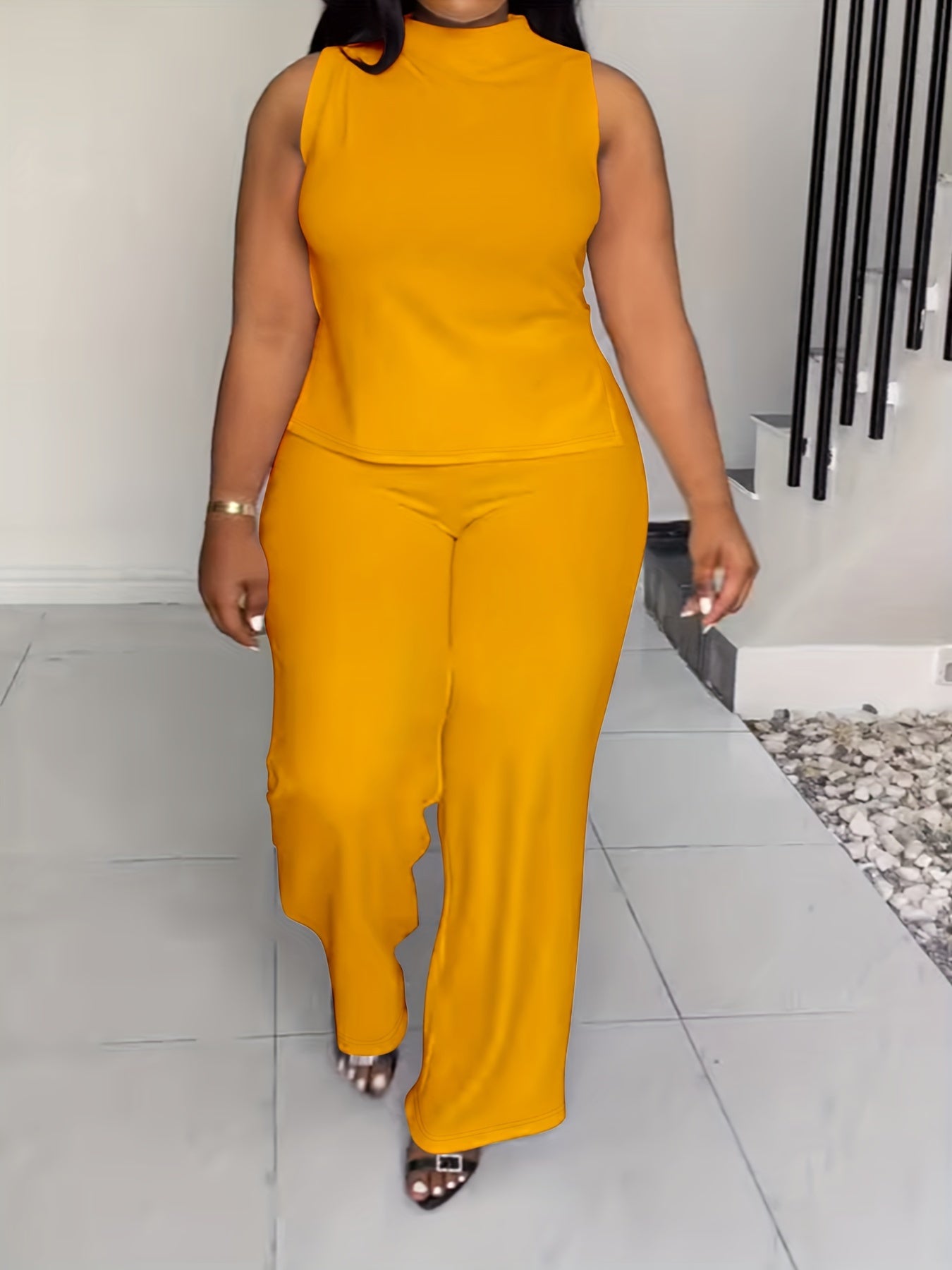 Plus Size Elegant Lash Sets - High Neck, Split Sleeveless Top & Slit Hem Pants, Medium Stretch Polyester, Machine Washable, Solid Color, No Printing - Summer Outfits for Women