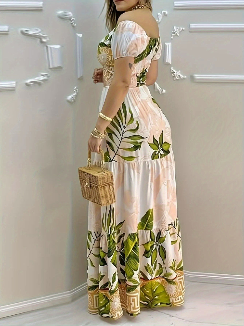 Women'S Elegant Off-Shoulder Floral Maxi Dress - V-Neck, Slim Fit, Long Sleeve, Lightweight Polyester, Perfect for Summer Vacation, Parties, and Casual Outings, Summer Dresses