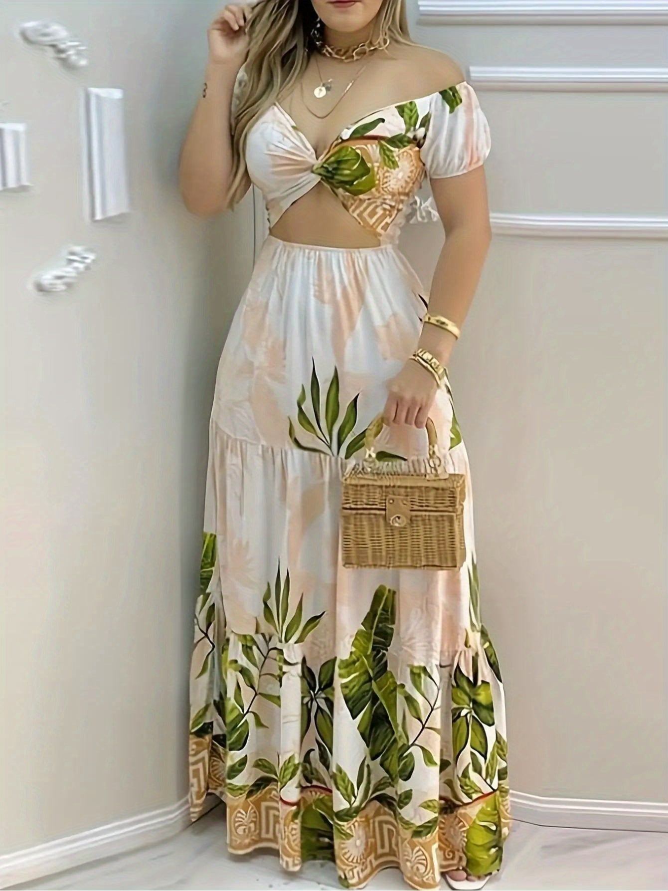 Women'S Elegant Off-Shoulder Floral Maxi Dress - V-Neck, Slim Fit, Long Sleeve, Lightweight Polyester, Perfect for Summer Vacation, Parties, and Casual Outings, Summer Dresses