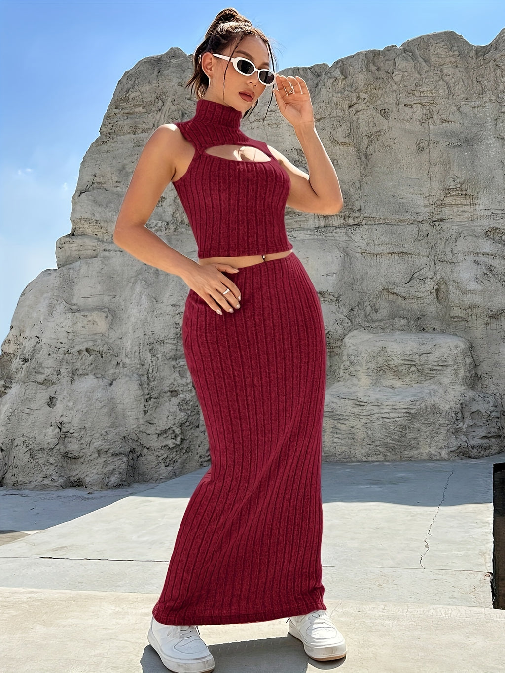 Two-piece Ribbed Matching Skirt Set, High Neck Cut Out Top & Loose Skirt Outfits for Women
