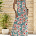 2025 Summer Women's V-Neck Sleeveless Dress - Vibrant All-Over Floral Print, A-Line Long Dress with Exposed Shoulder Straps, Lightweight Beach & Outdoor Casual Dress, Machine Washable, Cute Summer Dresses, Flowy Fabric