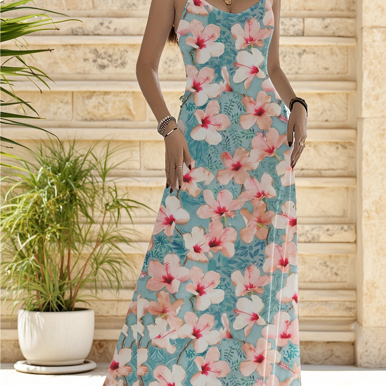 2025 Summer Women's V-Neck Sleeveless Dress - Vibrant All-Over Floral Print, A-Line Long Dress with Exposed Shoulder Straps, Lightweight Beach & Outdoor Casual Dress, Machine Washable, Cute Summer Dresses, Flowy Fabric