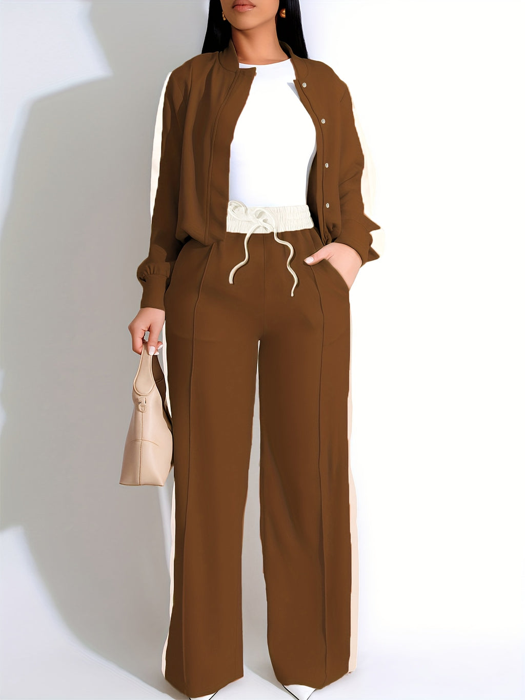 Women's Casual Two-Piece Set Zip-up Bomber Jacket & High-Waist Jogger Pants with Side Stripes, Trendy And Comfortable, Tracksuits Sets For Ladies, Track Suits Women Two Piece, Track Suits Sets For Women, Sweat Suits Women Two