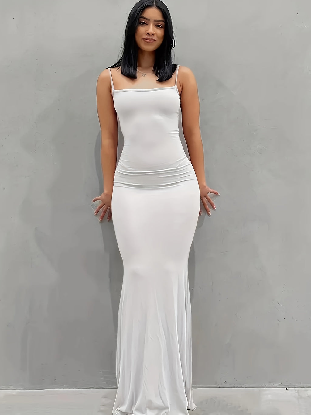 [Elegant Dress] Elegant Bodycon Maxi Mermaid Dress | Solid Slip Lounge Dresses, Scoop Neck, Women's Loungewear & Dresses