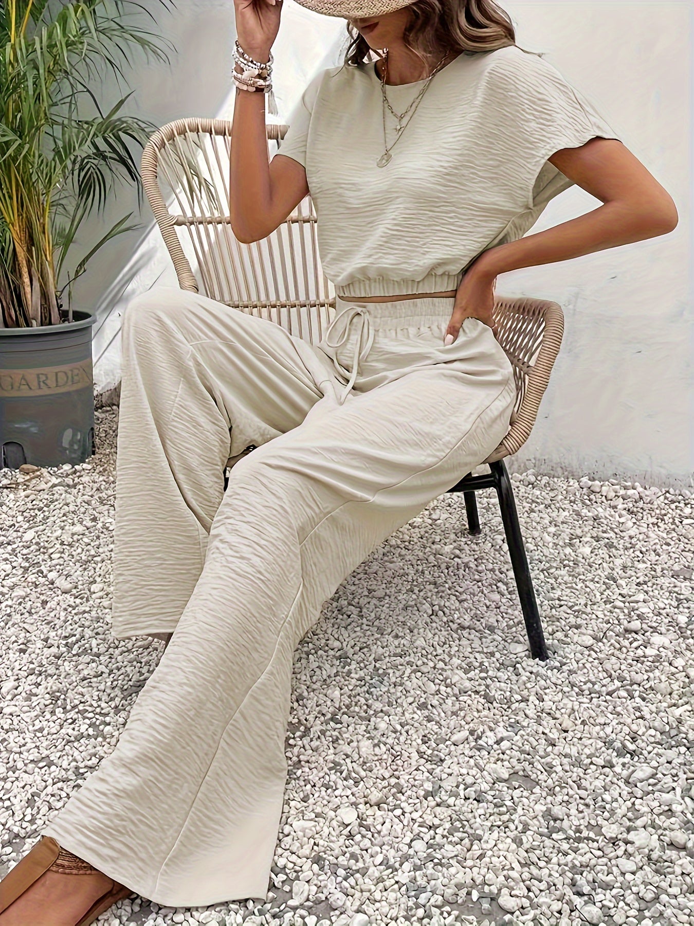 High Waist Wide Leg Straight Pants & Batwing Short Sleeve Keyhole Back Crop Top, Solid Textured Elegant Pants Set Outfits for Women