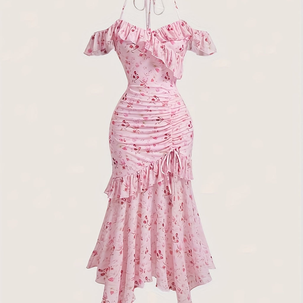 Women's Elegant Floral Print Off-Shoulder Summer Dress - Asymmetrical Ruffled Hem, High Elasticity Fitted Silhouette, Machine Washable for Casual & Formal Occasions, Cute Summer Dresses, Formal Occasion Wear, Stretchy Fabric,