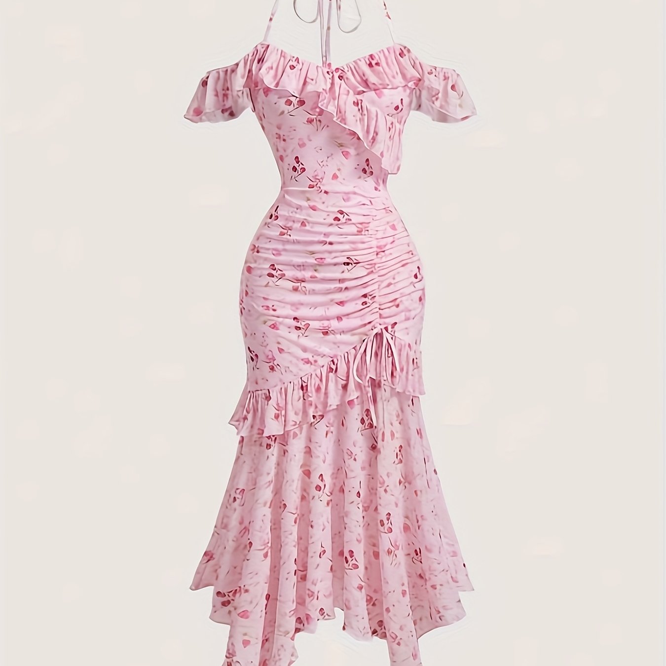 Women's Elegant Floral Print Off-Shoulder Summer Dress - Asymmetrical Ruffled Hem, High Elasticity Fitted Silhouette, Machine Washable for Casual & Formal Occasions, Cute Summer Dresses, Formal Occasion Wear, Stretchy Fabric,