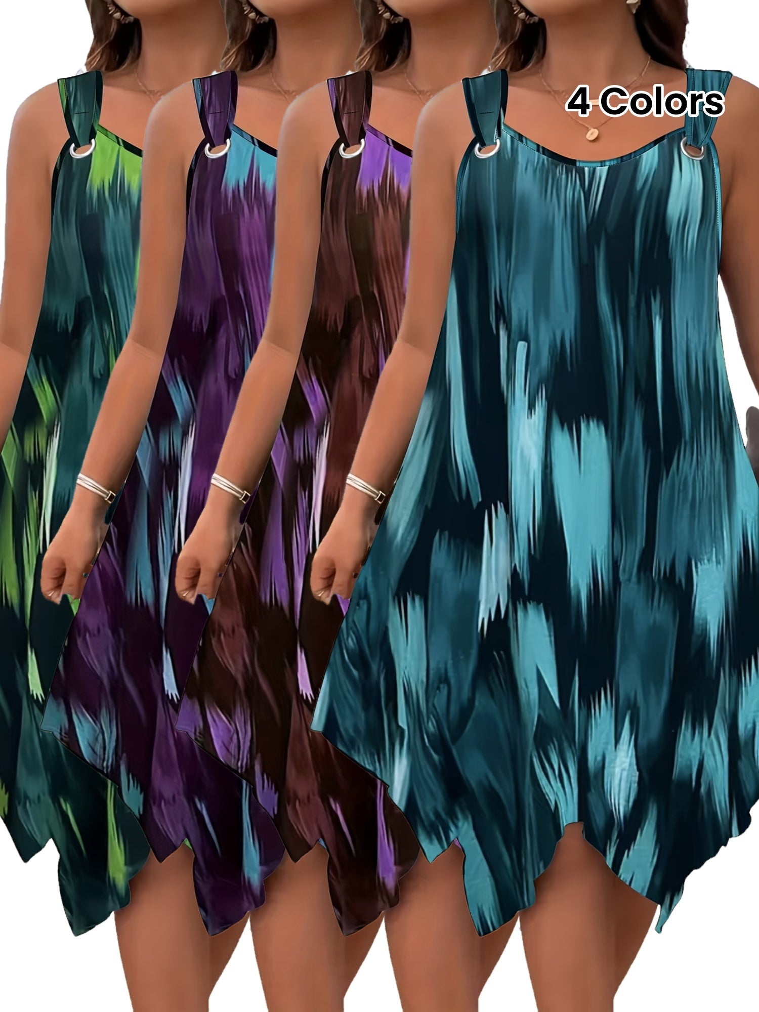 Plus Size Women's Elegant Sleeveless Summer Dress - Gradient Print with Pockets, Asymmetrical Hem & Round Neck, Machine Washable Casual to Semi-Formal Wear, Casual Summer Dresses, Lightweight Fashion, Round Neckline, Flowy Si