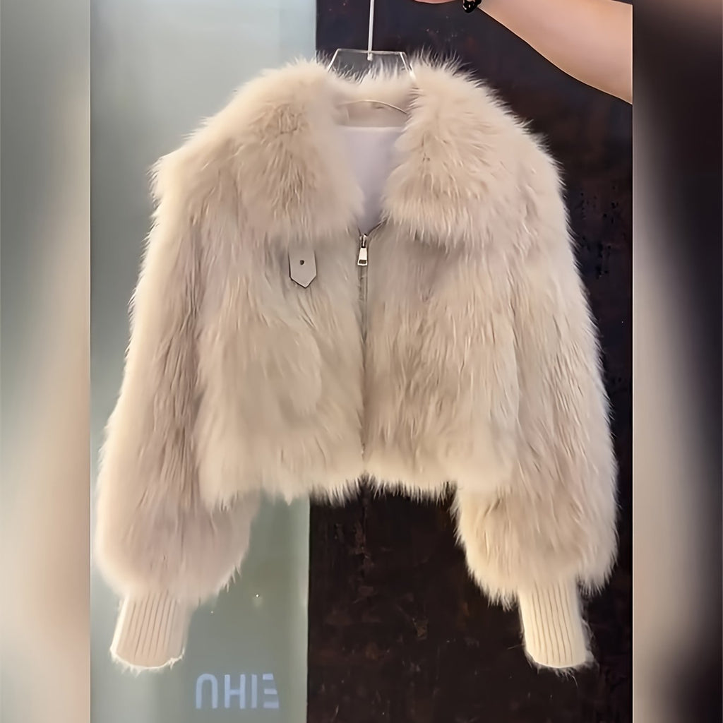 Women's Plush Faux-Fur Jacket with Hood-like Collar & - Winter Coat, Loose-Fit H-Line Silhouette, Single-Breasted Button Closure, White/Creamy Beige Fur Outerwear for Casual & Formal Events (No Belt, Hand Washable) - Luxe, Wi