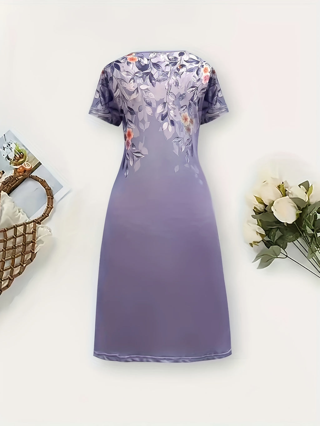Floral Print Lightweight Polyester A-Line Midi Dress for Women - Short Sleeve, Round Neck, Perfect for Spring/Summer Vacations, Beachwear Ready, Beach Dress, Attractive Skirts for Women, Summer Clothing Promotion for Ladies,