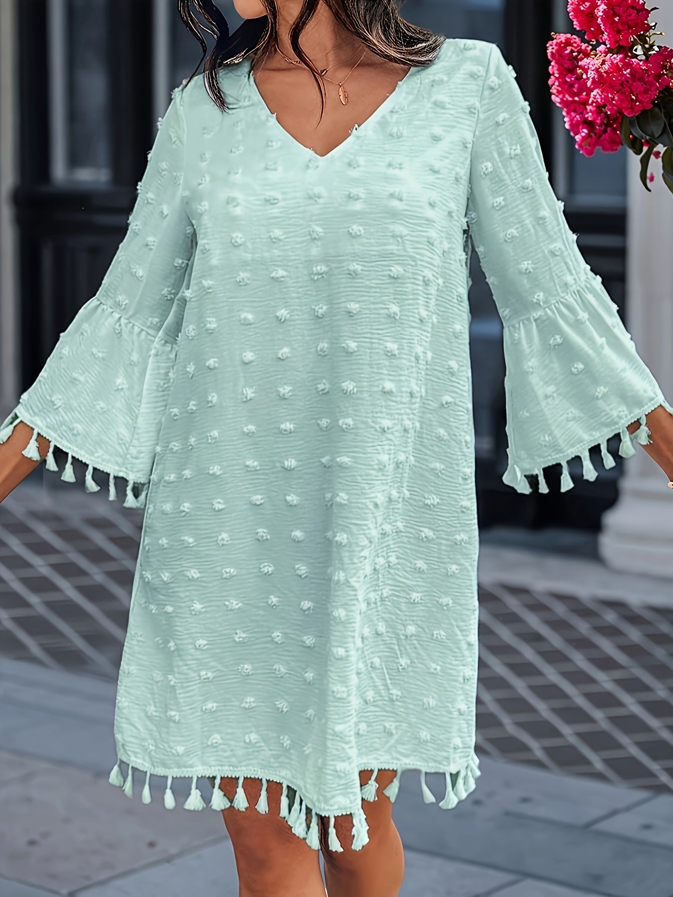 Women's Summer Casual Polka Dot V-Neck Dress with Ruffle Sleeves & Cutout Details - Lightweight Straight Cut Beach Dress for Women, Hand Wash Only, Summer Fashion | Bohemian Style | Frayed Hem Detailing, Summer Dresses