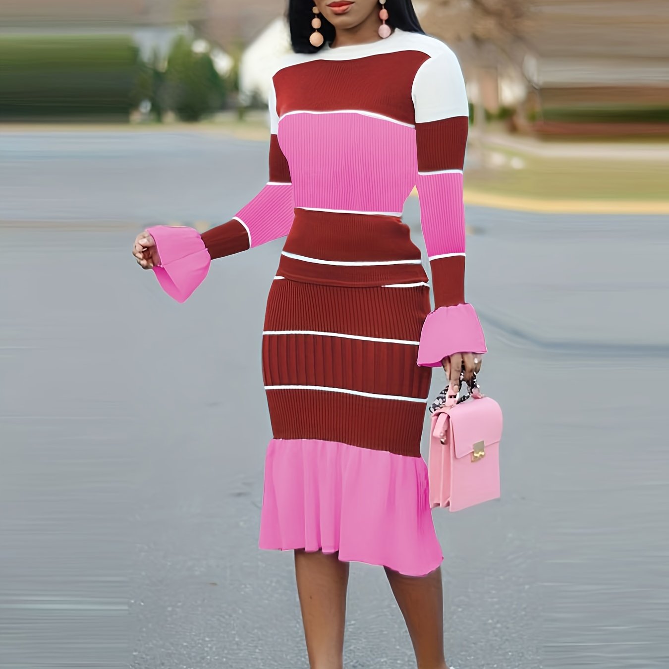 Casual Chic Color Block & Stripe Two-Piece Set - Cotton Blend Crew Neck Top with High-Elasticity Chiffon Skirt
