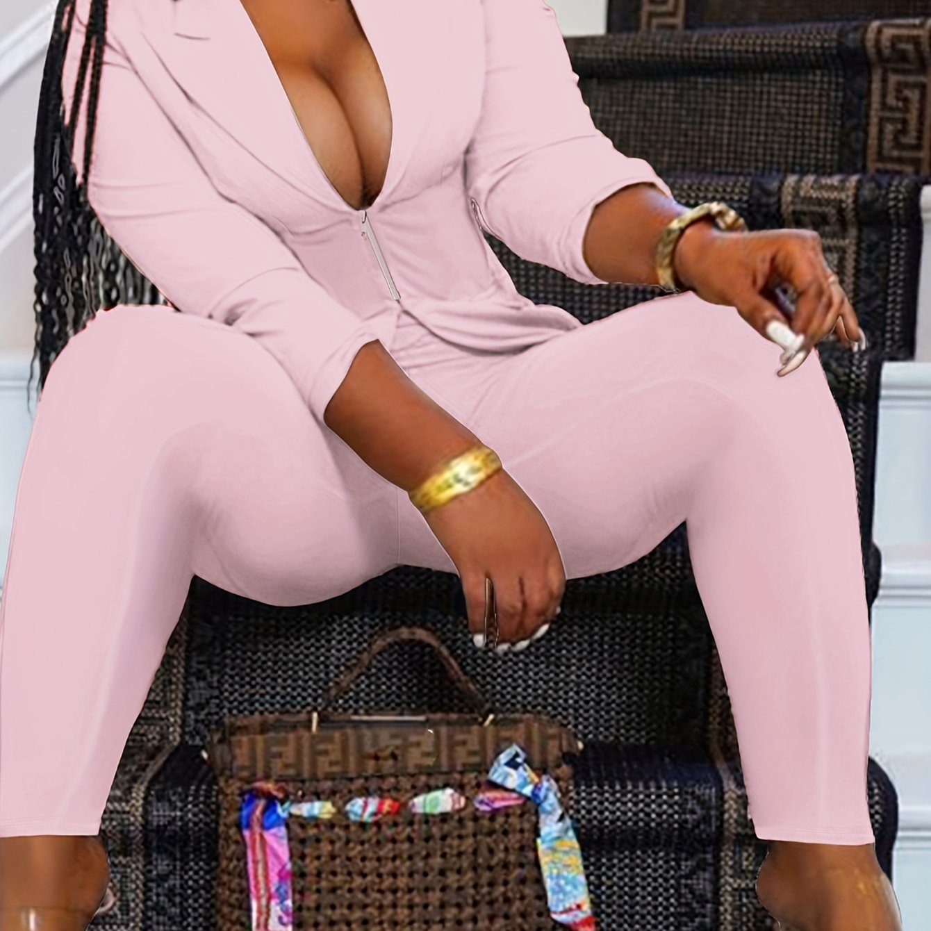 Chic Plus-Size Two-Piece Blazer & Pants Suit – Long Sleeve, Zippered Front, Ideal for Work and Special Occasions