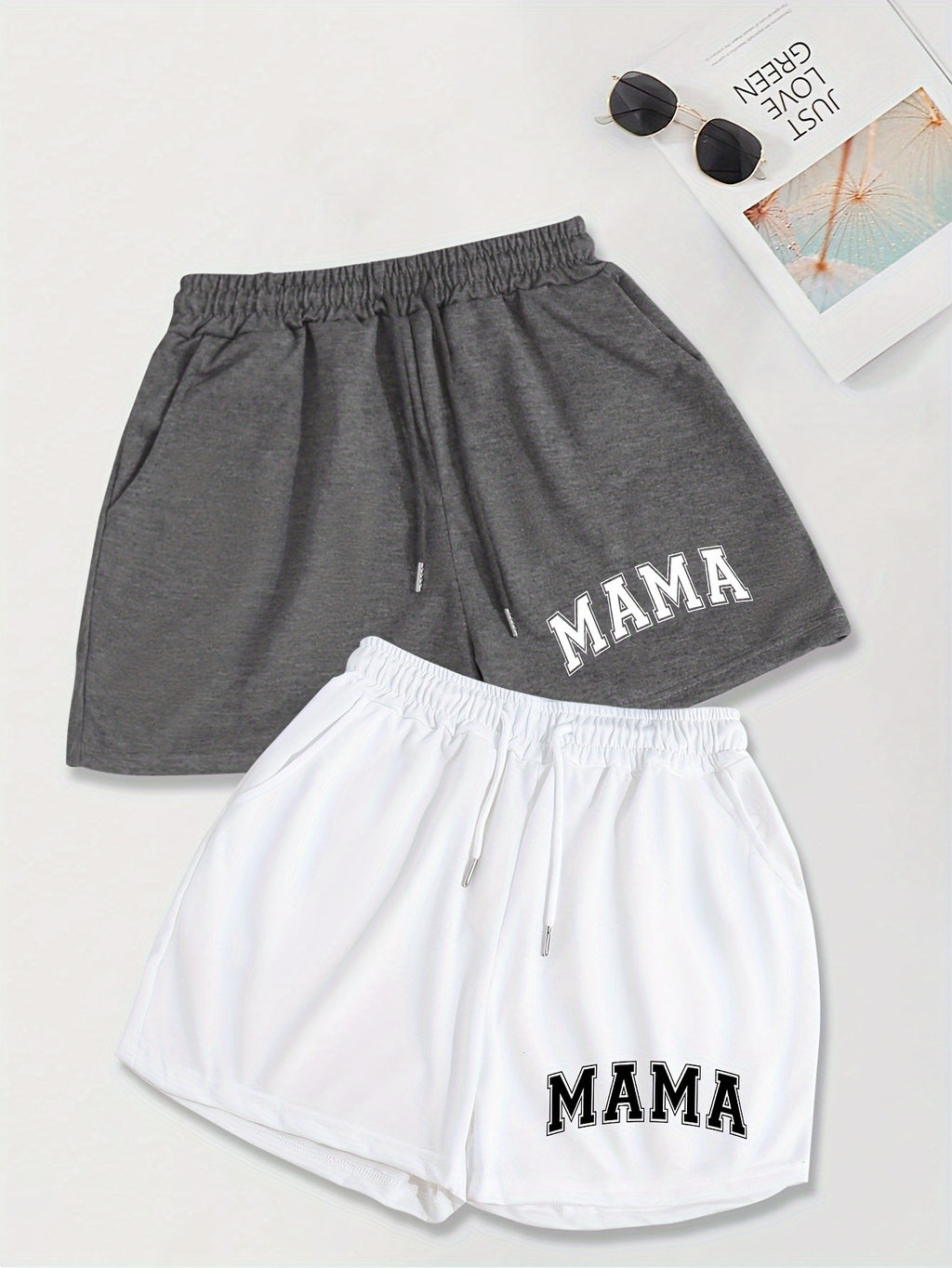 2 Pack Slant Pocket Elastic Waist Shorts, Mama Print Casual Drawstring Shorts Outfits for Women