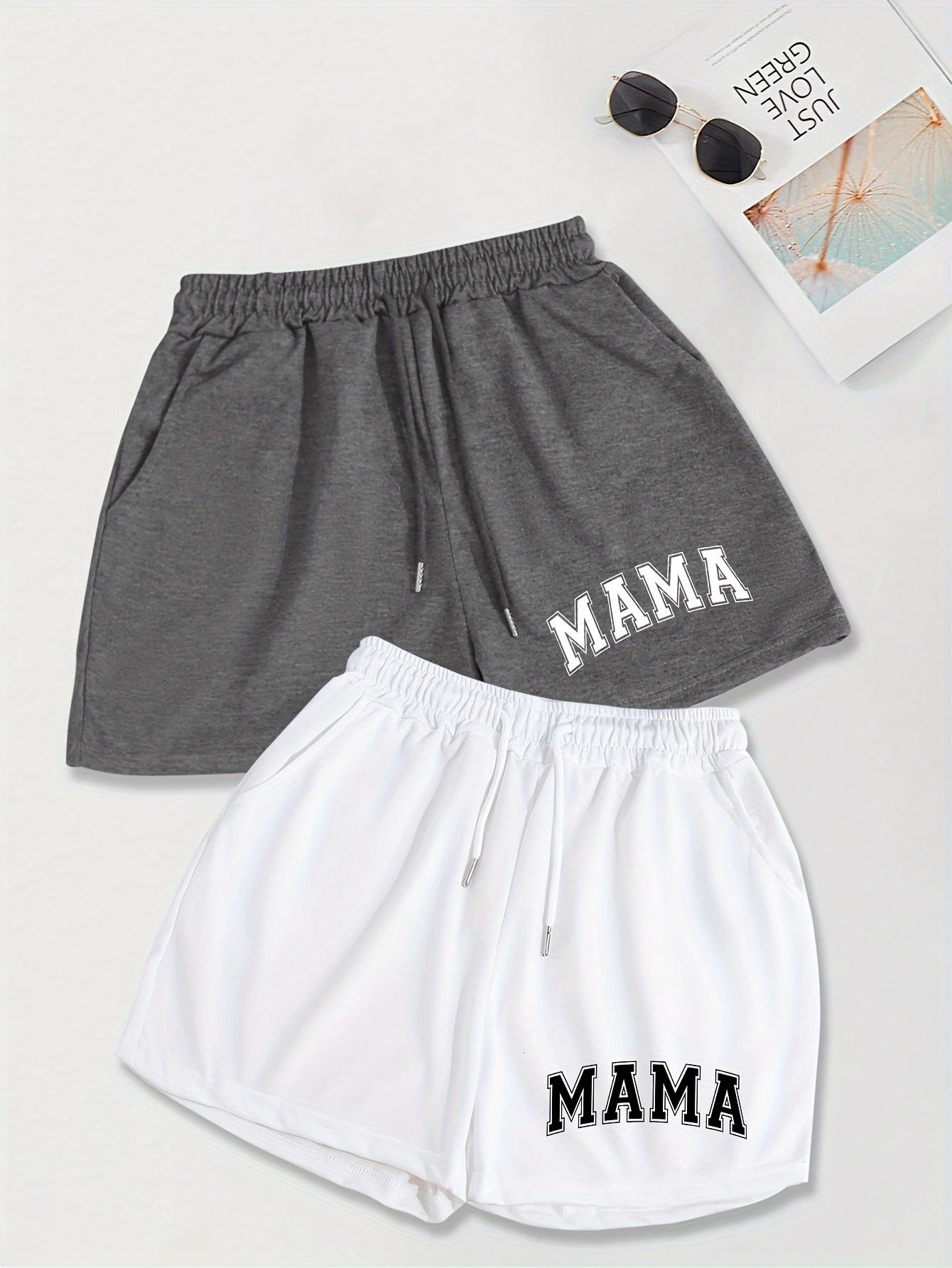 2 Pack Slant Pocket Elastic Waist Shorts, Mama Print Casual Drawstring Shorts Outfits for Women