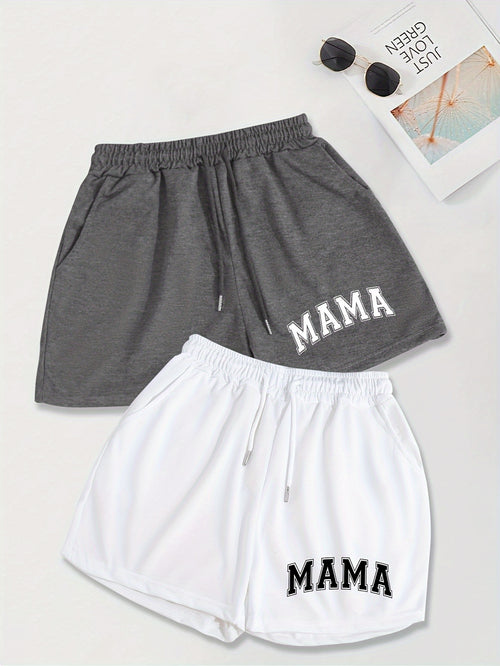 2 Pack Slant Pocket Elastic Waist Shorts, Mama Print Casual Drawstring Shorts Outfits for Women
