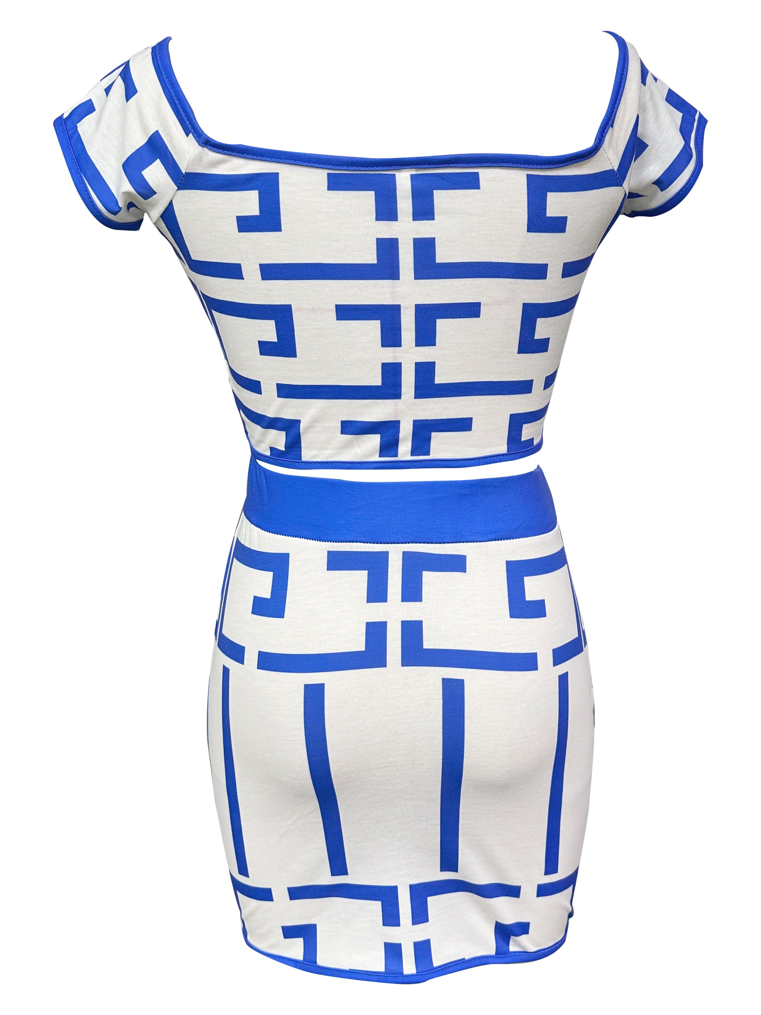 Elegant Geometric Print Two-Piece Skirt Suit for Women - Off the Shoulder, Fabric, Perfect for Spring/Fall, Casual Chic Outfit|Geometric Print Dress| Constructio