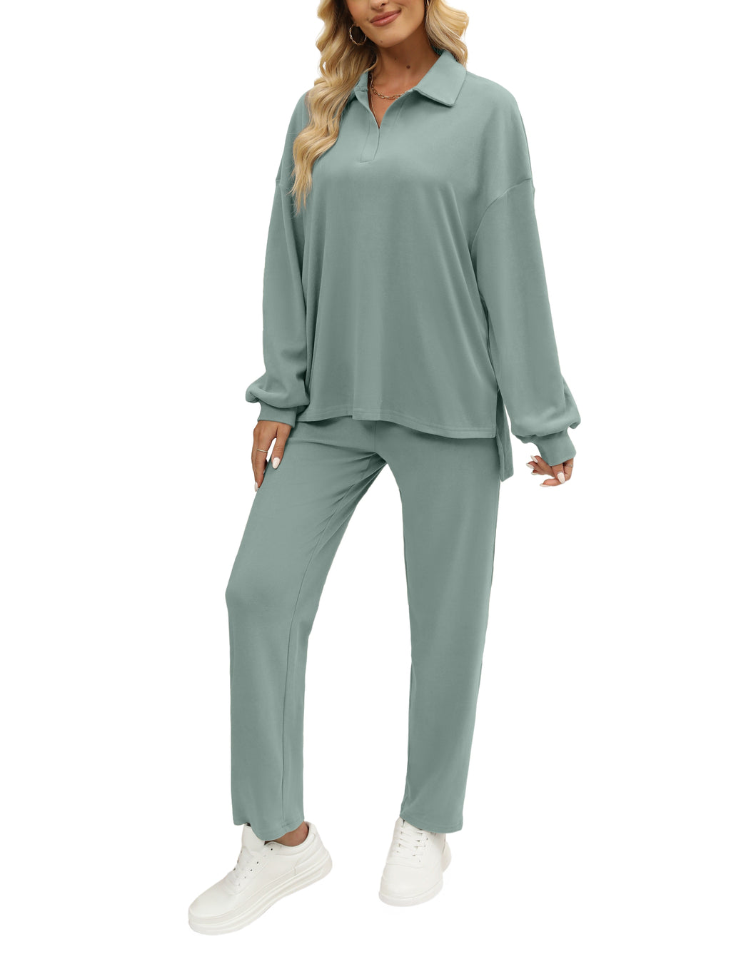 Two Pieces Outfits For Women Oversized Side Slit Sweatshirts&Comfortable Long Pants Sweatsuits