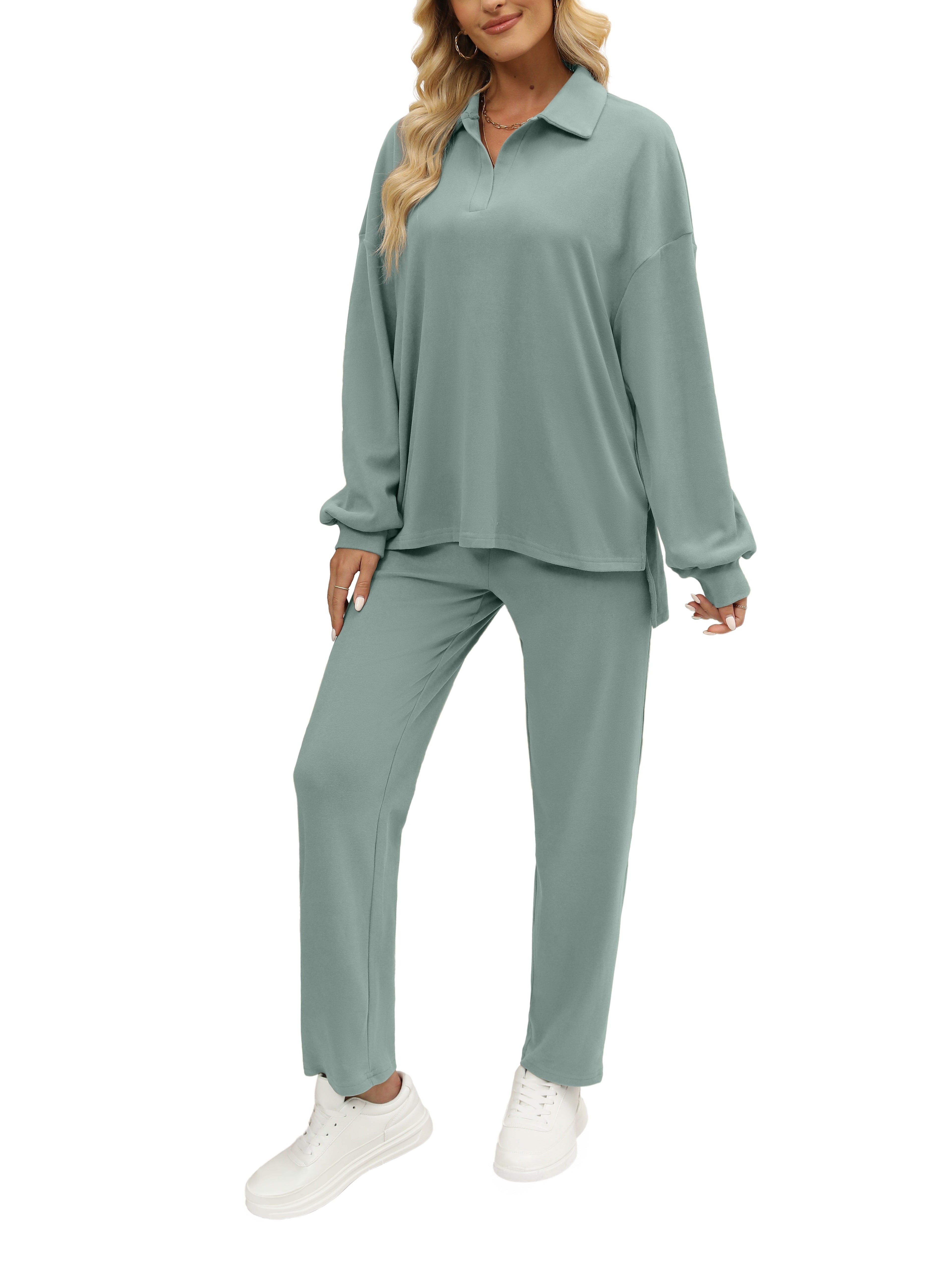 Two Pieces Outfits For Women Oversized Side Slit Sweatshirts&Comfortable Long Pants Sweatsuits
