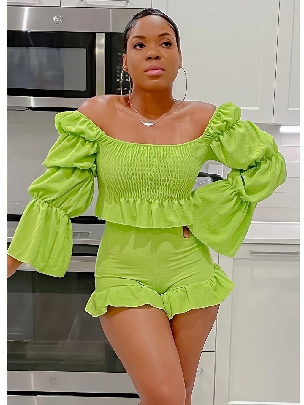 2 Piece Vacation Outfits For Women Summer Sexy Y2k Ruffle Lantern Long Sleeve Crop Top High Low Shorts Set Romper