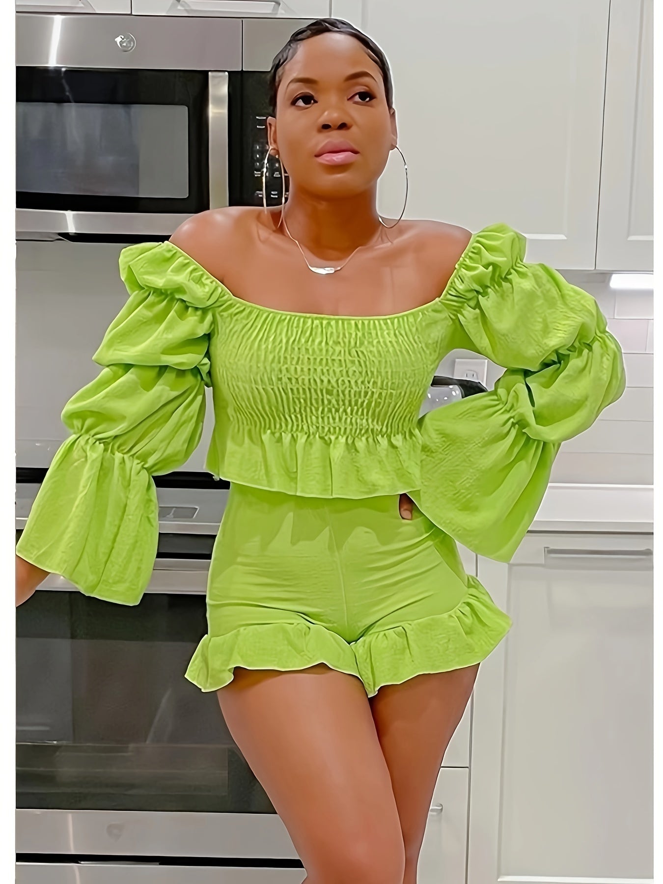 2 Piece Vacation Outfits For Women Summer Sexy Y2k Ruffle Lantern Long Sleeve Crop Top High Low Shorts Set Romper