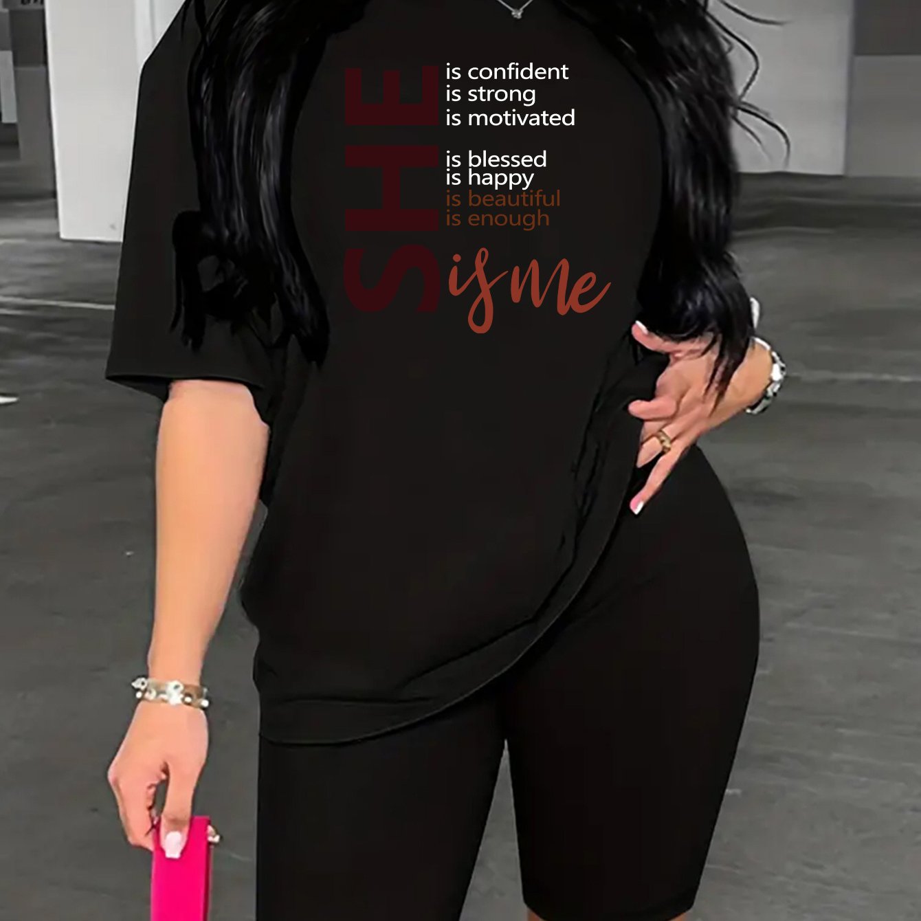 Two Piece Set, Drop Shoulder Short Sleeve Letter Print Casual T-shirt & Short Leggings Outfits for Women