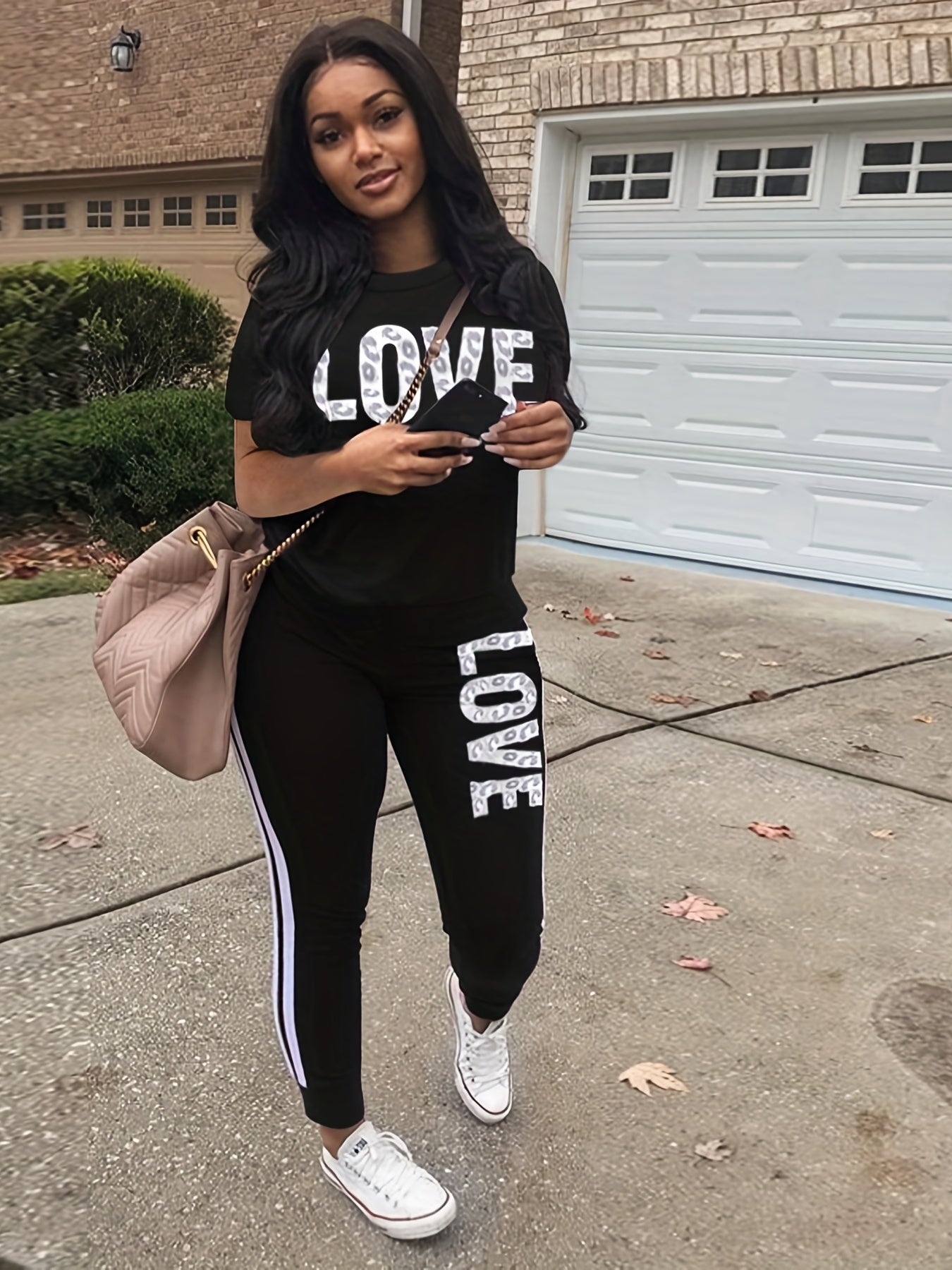 Casual Letter Print Two-piece Set, Short Sleeve T-shirt & Side Striped Pants Outfits - Women's Clothing -  Stylish & Comfortable - For Casual Wear - Perfect Gift for Fashionable Women