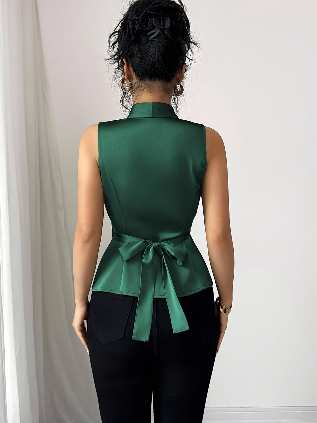 Women's Elegant Sleeveless Blouse with Adjustable Waist Tie Belt - Solid Green () Office to Party Shirt, Structured Collar & Back Closure, Machine Washable Non-Stretch Top for Spring Summer Fall Casual & Formal Wear, Womens T