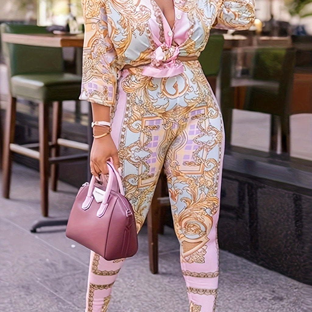 [Plus Size British Print] Plus Size British Print | Two-Piece Pencil Long Sleeve Set