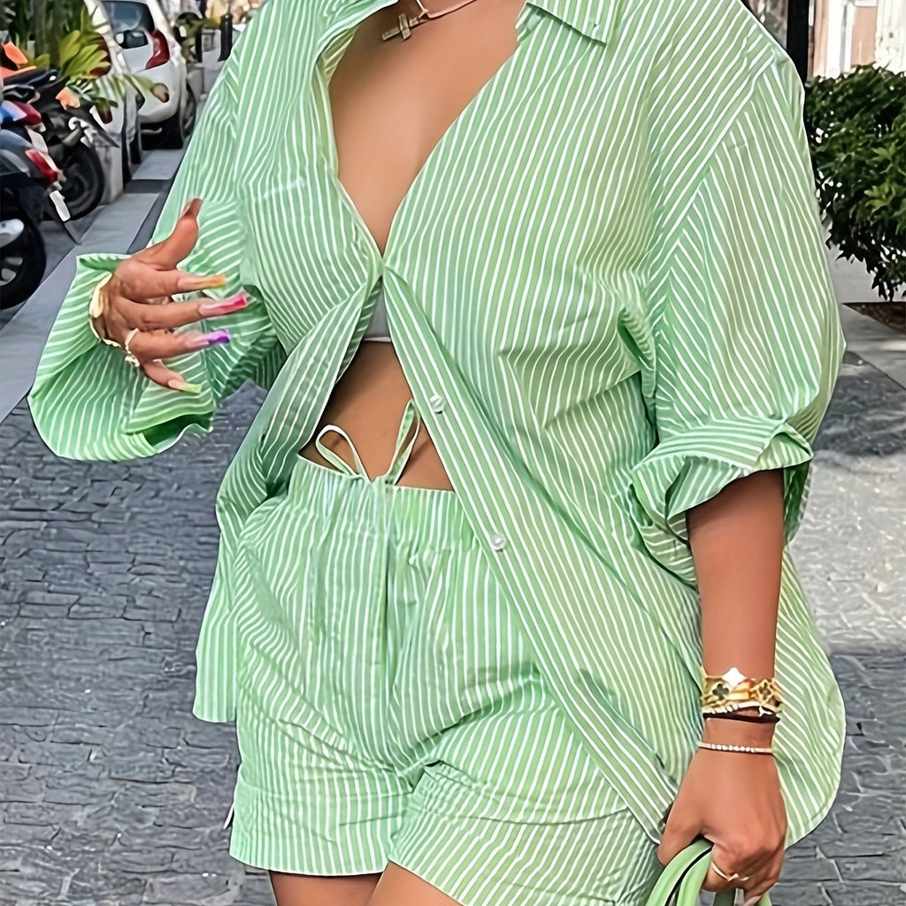 Striped Matching Two-piece Set, Casual Long Sleeve Shirt & Drawstring Shorts Outfits, Women's Clothing