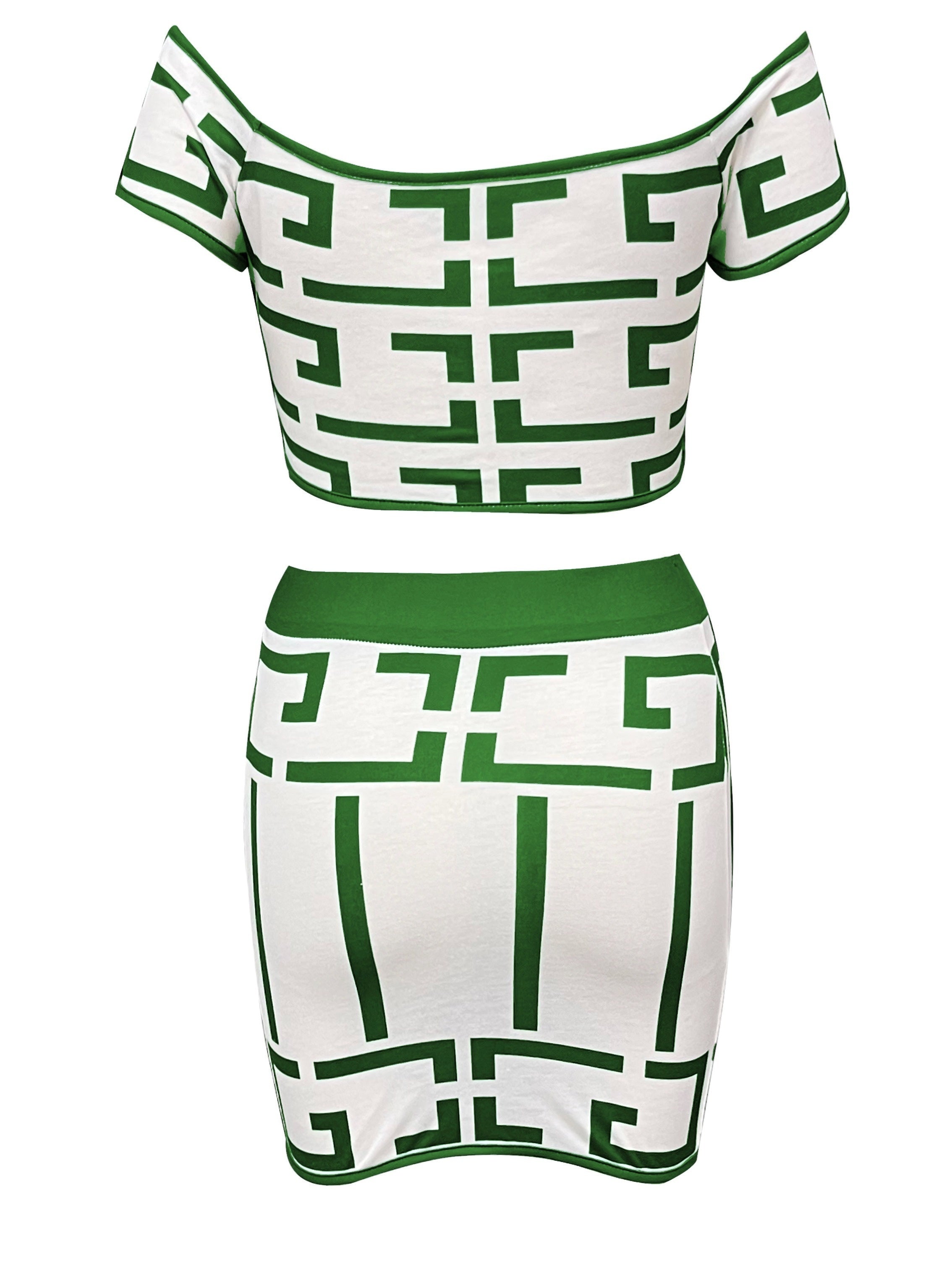 Elegant Geometric Print Two-Piece Skirt Suit for Women - Off the Shoulder, Fabric, Perfect for Spring/Fall, Casual Chic Outfit|Geometric Print Dress| Constructio
