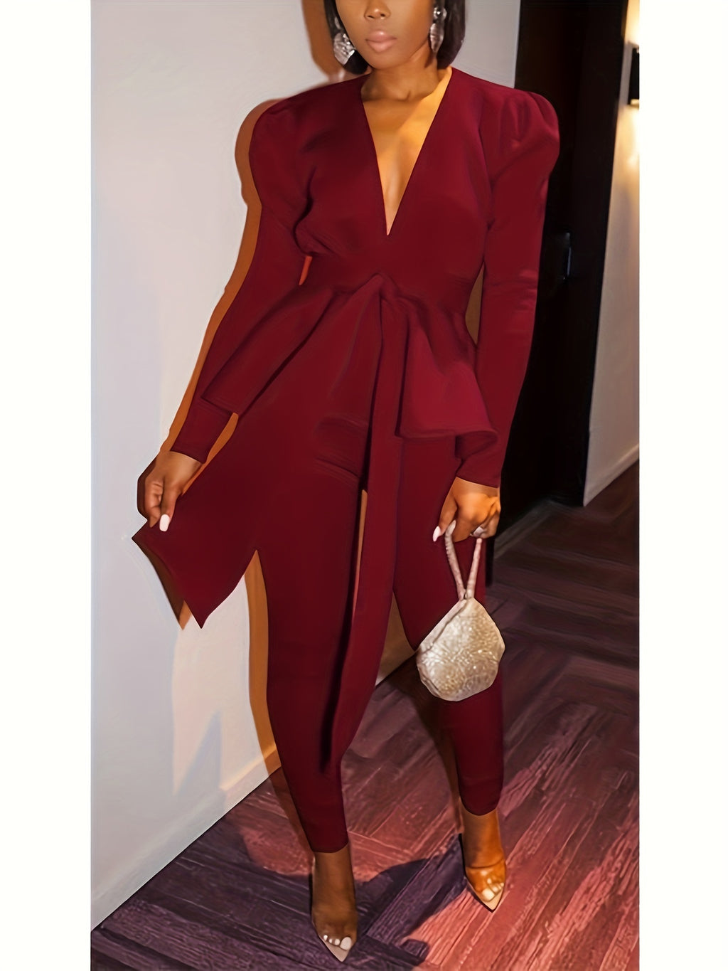 2 Piece Outfits For Women Blazer With Pants Deep V Long Sleeve Slim Fit Ruffle Pelplum Business Suit (Size Down)
