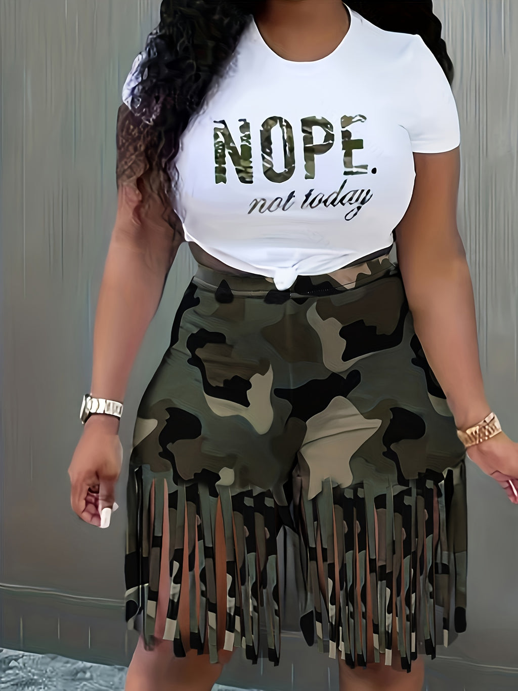 Plus Size, Camouflage Casual Print Fringe Patchwork O-Neck Short Sleeve Two-Piece Set