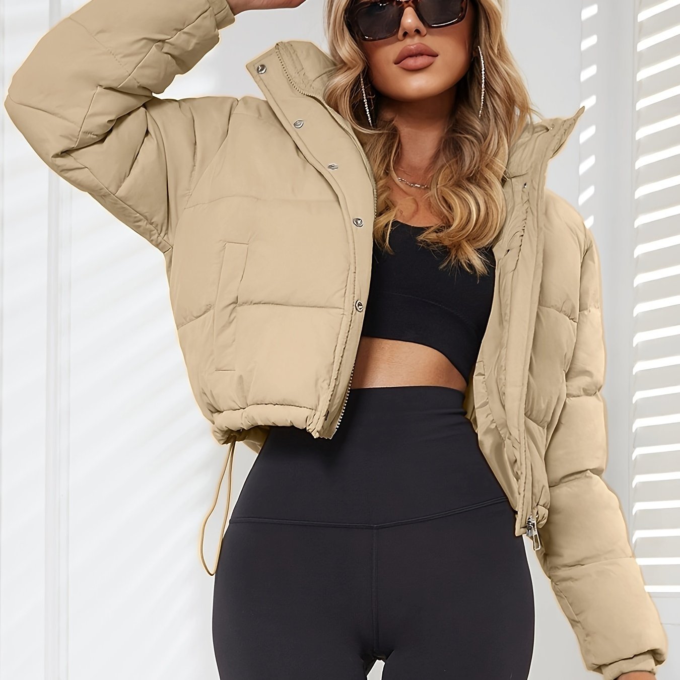 Women's Casual Short Puffer Jacket - Black Solid Hooded Design, Polyester Smooth Fabric, 70g/m² Lining, Long Sleeve with Drawstring | Winter Warmth | Comfortable Fit