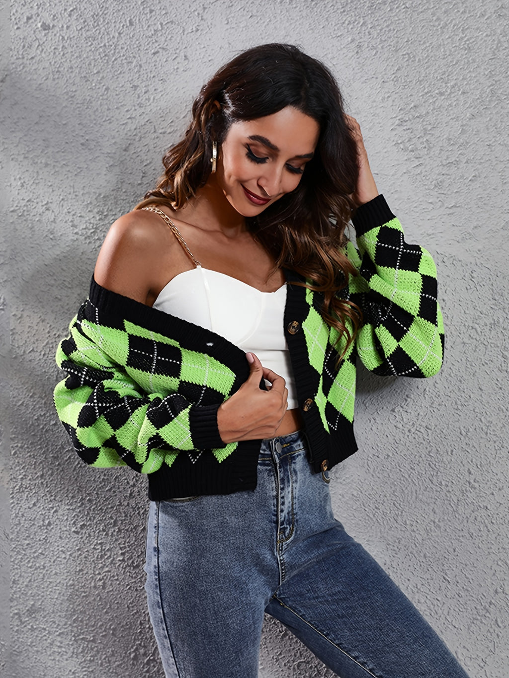Women'S Elegant Tartan Knit Cardigan, V-Neck Short Length Sweater with Button Detail, Acrylic 100% Long Sleeve Knitwear for Fall/Winter