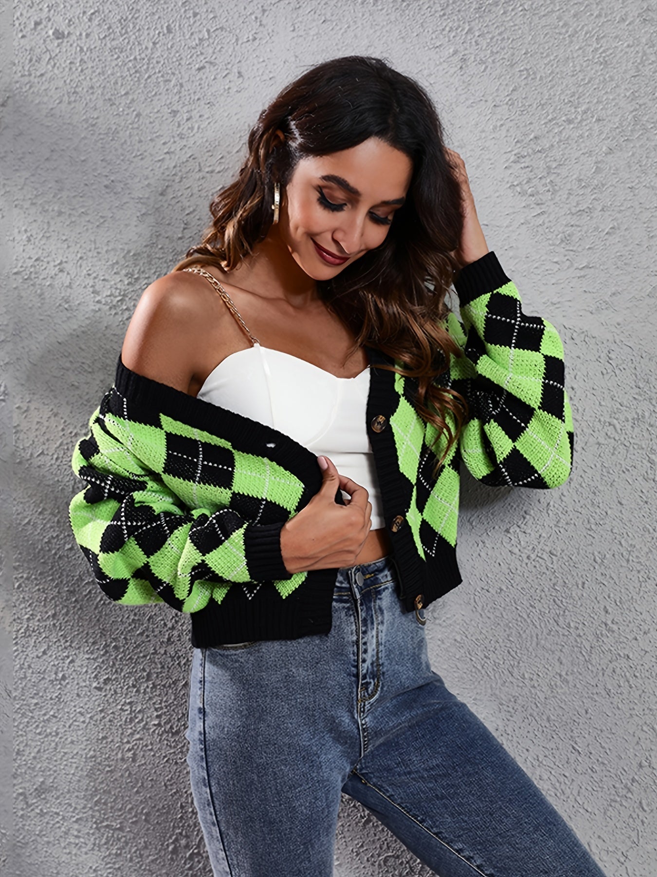 Women'S Elegant Tartan Knit Cardigan, V-Neck Short Length Sweater with Button Detail, Acrylic 100% Long Sleeve Knitwear for Fall/Winter