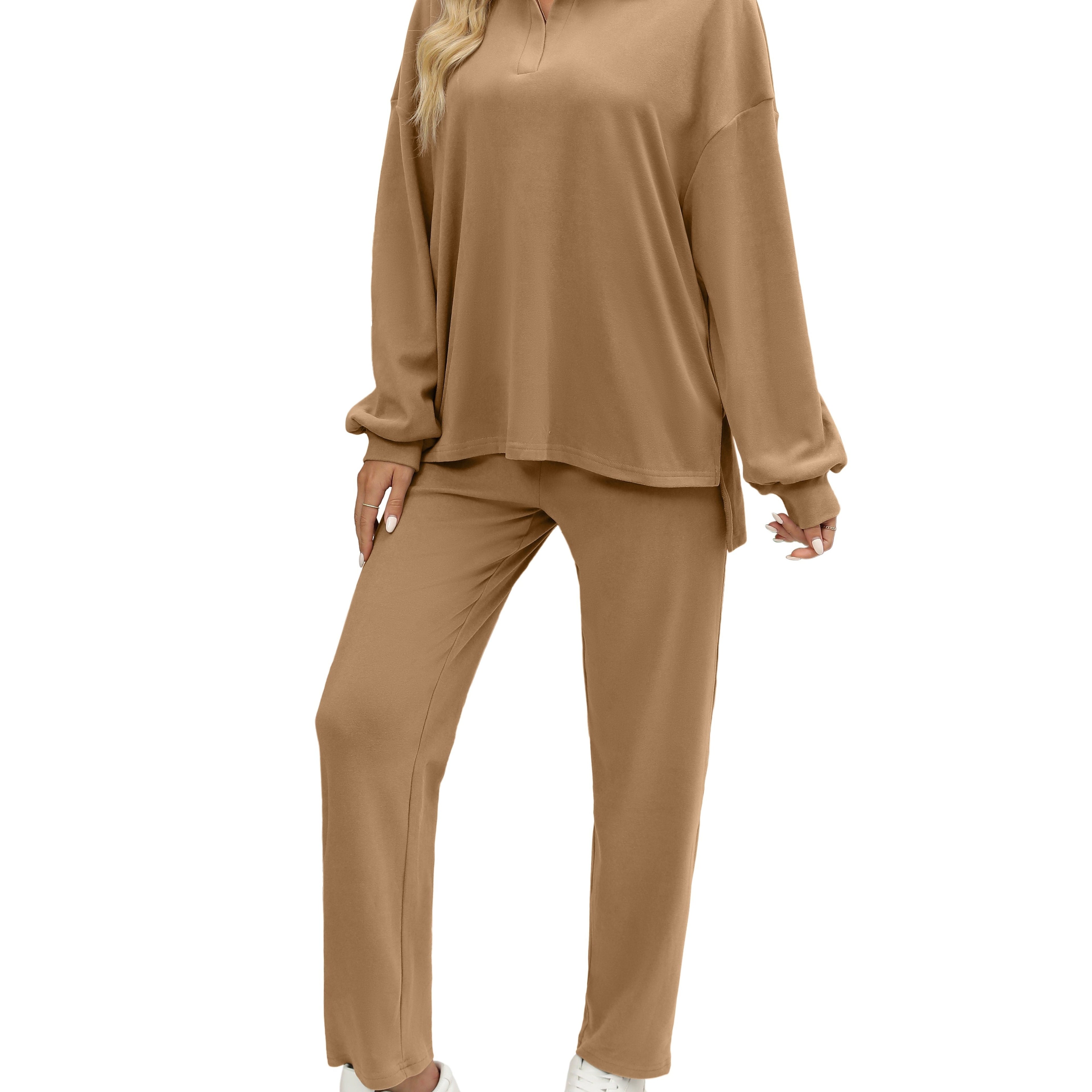Two Pieces Outfits For Women Oversized Side Slit Sweatshirts&Comfortable Long Pants Sweatsuits