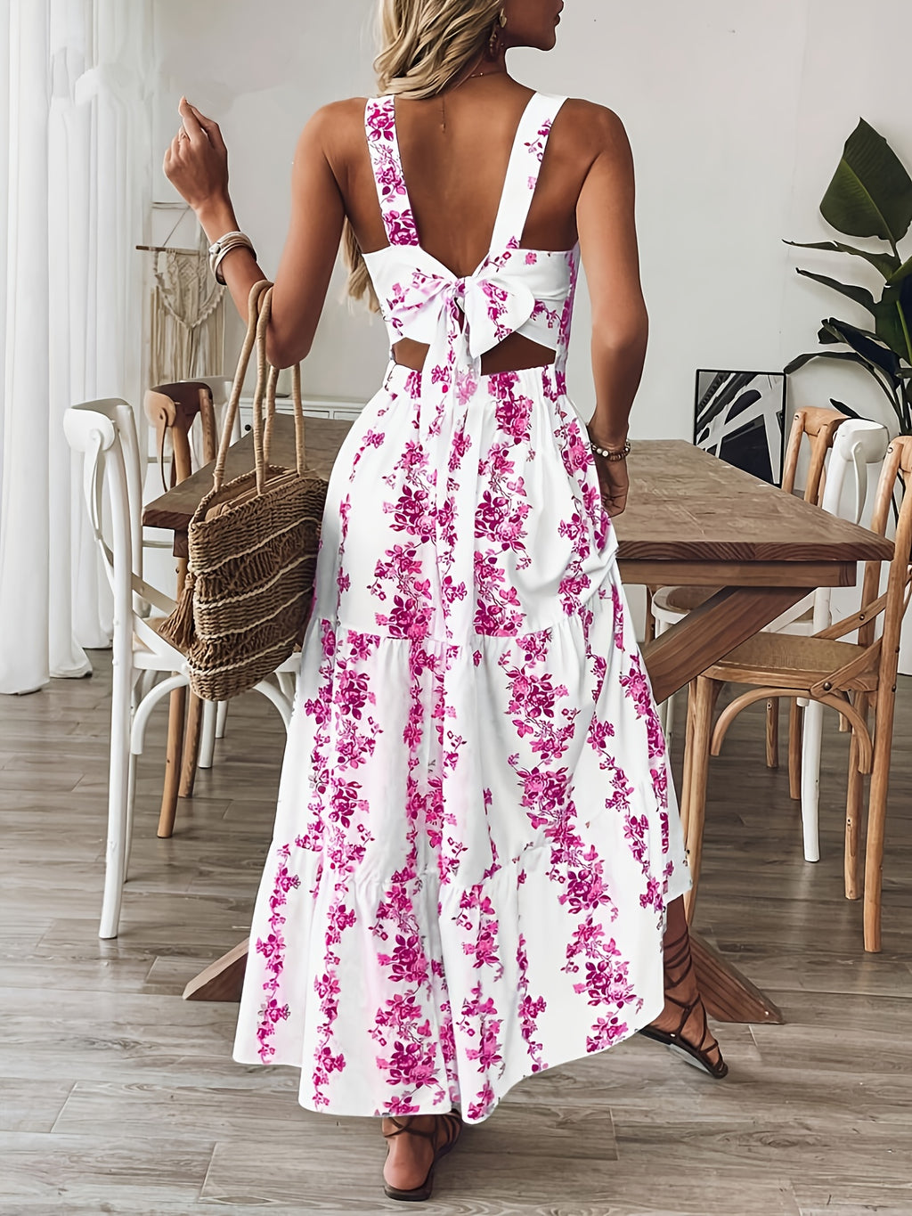 Women'S Floral Print Sleeveless A-Line Dress - Elegant Square Neck Summer Dress with Back Bow Detail, Blue & White Floral Print, Lightweight Breathable Fabric for Casual, Office & Vacation Wear, Casual Summer Dresses, Flowy F