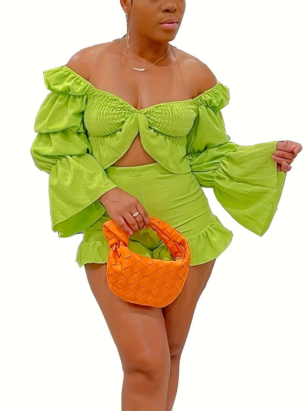 2 Piece Vacation Outfits For Women Summer Sexy Y2k Ruffle Lantern Long Sleeve Crop Top High Low Shorts Set Romper