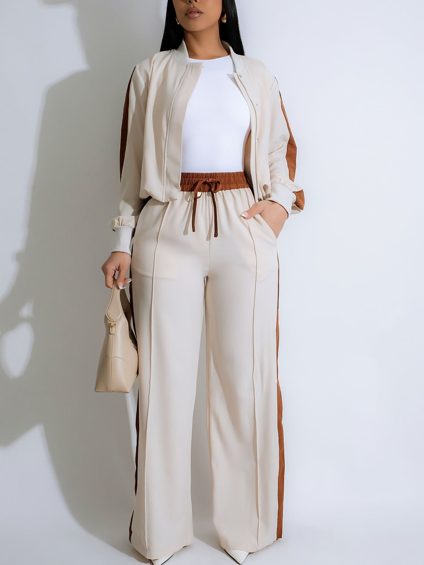 Women's Casual Two-Piece Set Zip-up Bomber Jacket & High-Waist Jogger Pants with Side Stripes, Trendy And Comfortable, Tracksuits Sets For Ladies, Track Suits Women Two Piece, Track Suits Sets For Women, Sweat Suits Women Two