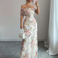 Women'S Elegant Romantic Ruffled Off-Shoulder Floral Print Maxi Dress - Lightweight Breathable Mesh A-Line H-Line Silhouette with Short Sleeves & Round Neck, Spring Summer Formal & Semi-Formal Evening Party Wedding Guest Dres