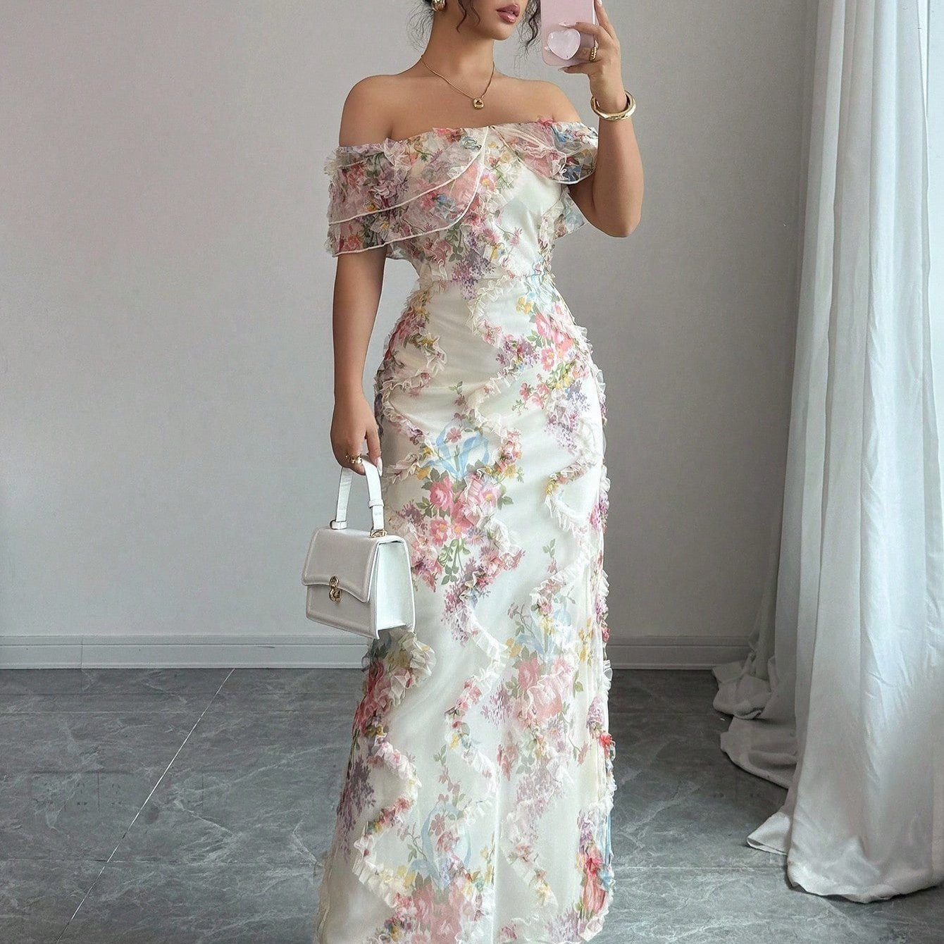 Women'S Elegant Romantic Ruffled Off-Shoulder Floral Print Maxi Dress - Lightweight Breathable Mesh A-Line H-Line Silhouette with Short Sleeves & Round Neck, Spring Summer Formal & Semi-Formal Evening Party Wedding Guest Dres
