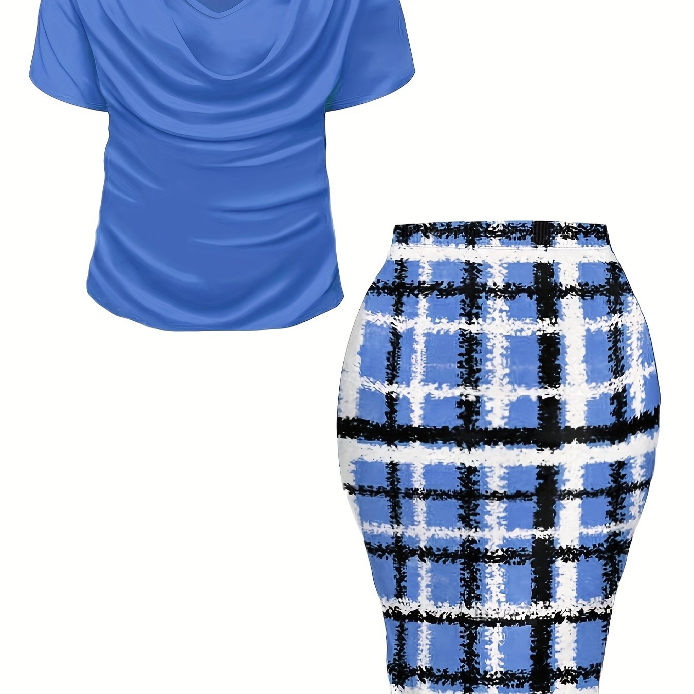Women's Plus Size Plaid Print Two-piece Set, Cowl Neck Short Sleeve Top & Skirt Outfits -  For Women Size 14-24 - Casual & Stylish - Perfect for Fall/Winter - Great Gift for Fashionable Women