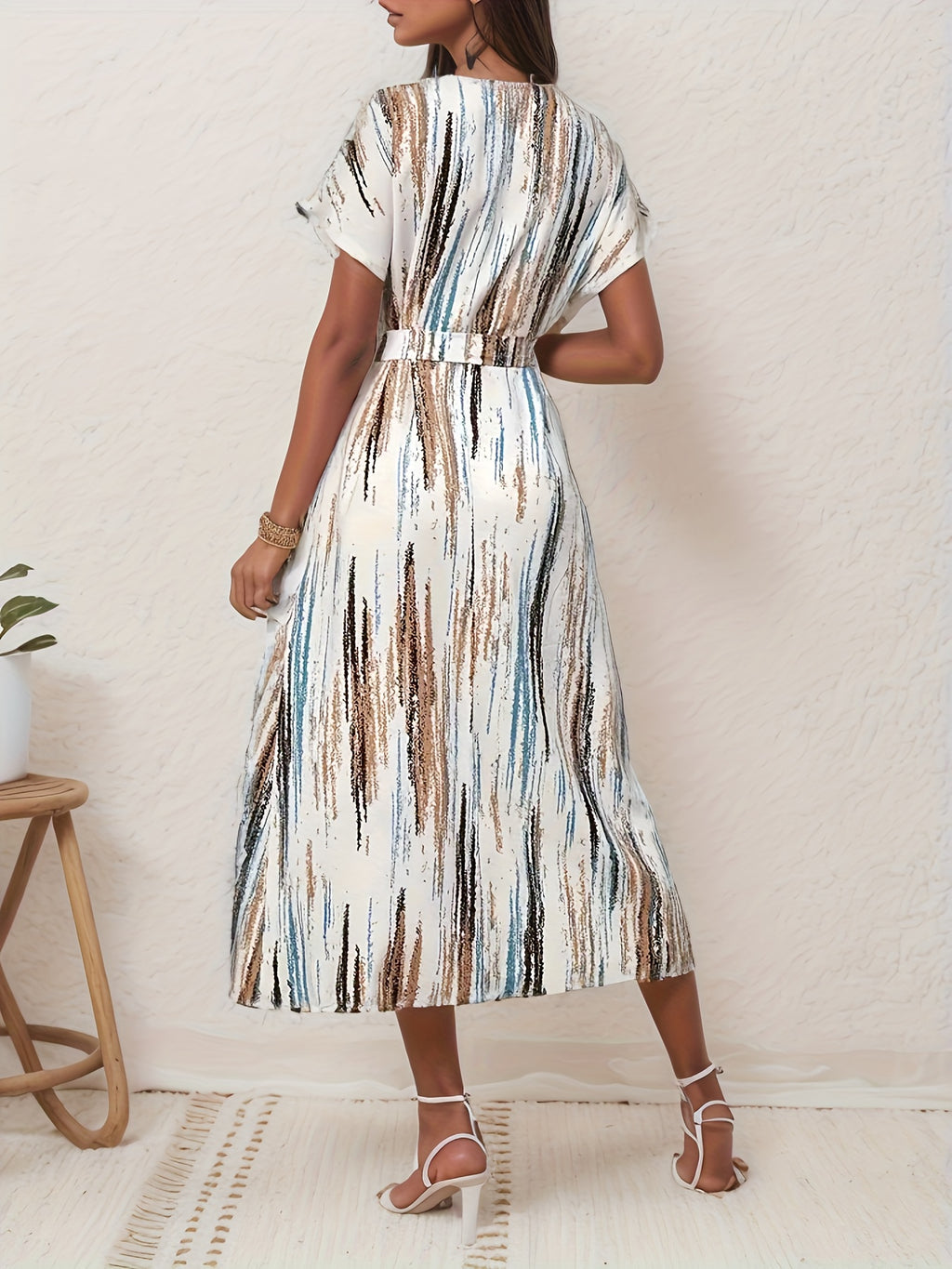 Vibrant Striped V-Neck A-Line Dress - Women's Spring & Summer Dresses with Short Sleeves, Belted Waist, and Vacation Style - Perfect for Outdoor Activities