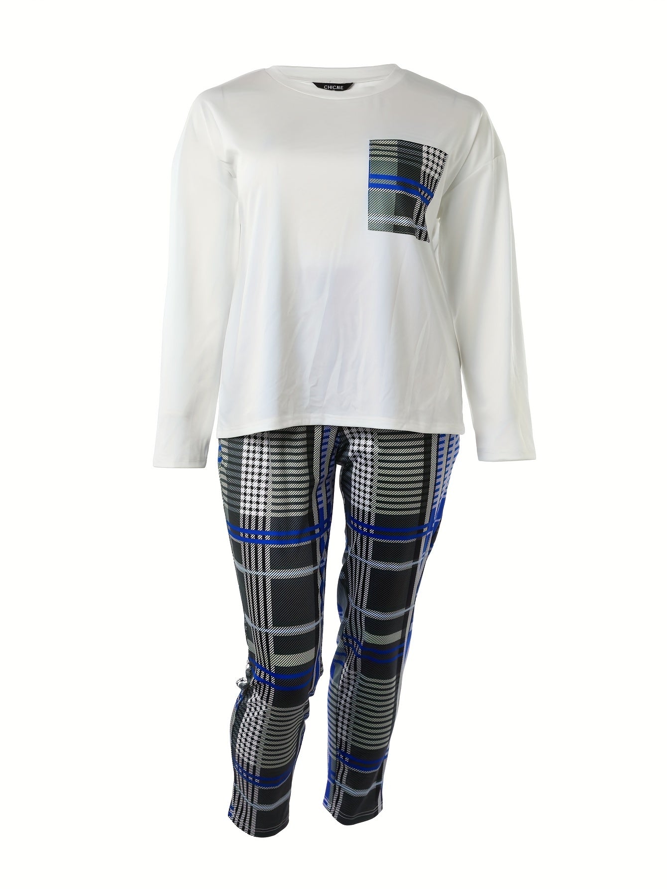 Plus Size Casual Outfits Set, Women's Plus Plaid Print Long Sleeve Round Neck Top & Pocketed Pants Outfits Two Piece Set